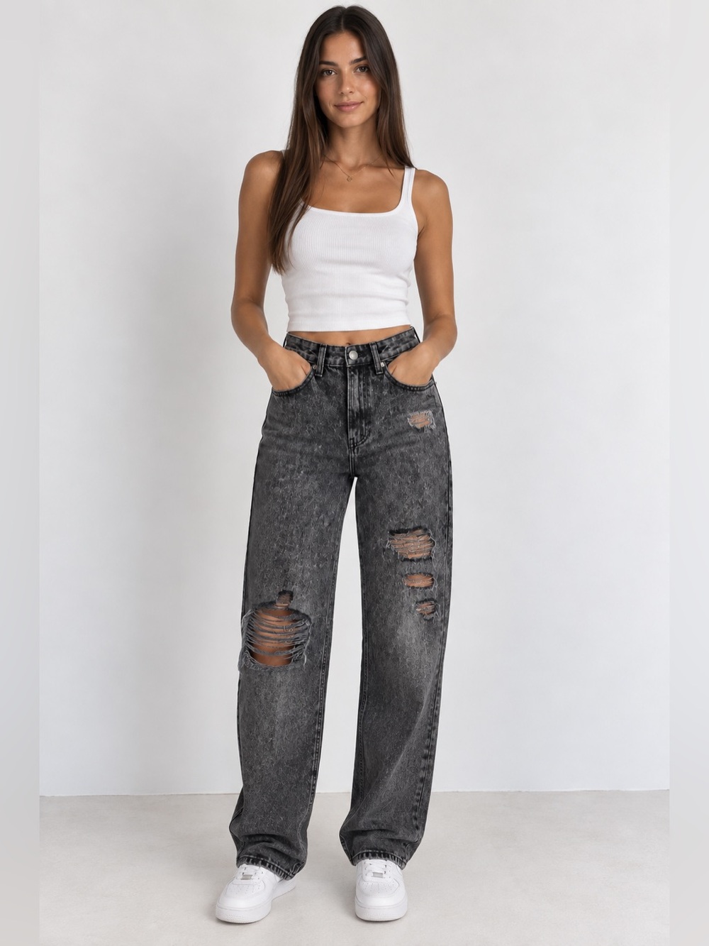 Nasty Gal Washed Black Distressed Boyfriend Jeans
